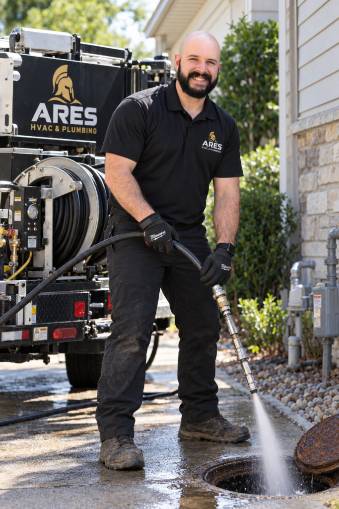 Ares plumber clearing a sewer drain with a hydro jetter